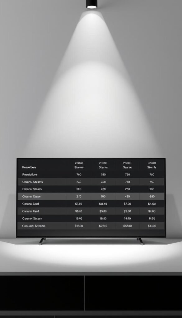 A clean, minimalist design showcasing the Hoxtoon Provider subscription plans. In the foreground, a sleek, high-contrast table displays the plan details - including resolution, channels, concurrent streams, and pricing - set against a soft, muted background. The table is rendered with a modern, elegant aesthetic, drawing the viewer's eye to the key information. Subtle lighting from the top creates depth and highlights the plan features. The overall composition conveys a sense of professionalism and clarity, making it easy for the viewer to compare and select the Hoxtoon Provider plan that best suits their needs.