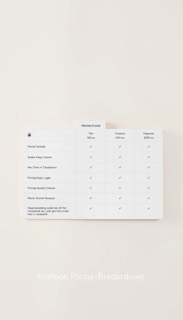 A clean, minimalistic table displaying the pricing plans of Hoxtoon Provider. The table is set against a soft, muted background, with subtle gradients and textures that create a sense of depth and sophistication. The plan details are presented in a clear, easy-to-read format, highlighting the key features and pricing for each tier. The layout is balanced and well-organized, drawing the viewer's attention to the essential information. Lighting is soft and diffused, creating a warm, inviting atmosphere. The overall impression is one of professionalism and attention to detail, perfectly suited to illustrate the "HOXTOON Pricing Plans Breakdown" section of the article.
