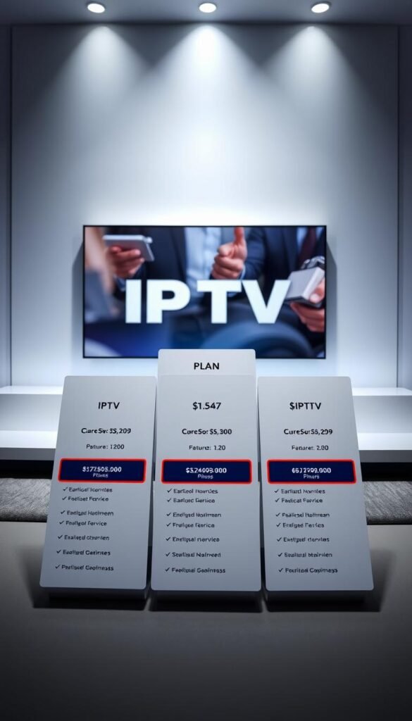A clean, modern layout depicting the Hoxtoon Provider's IPTV pricing plans. In the foreground, neatly arranged plan cards showcase the different subscription tiers, each with clear pricing, features, and duration. The middle ground features a large hero image showcasing the IPTV service, with a subtle gradient background. The background has a minimal, sleek design with clean lines and a cool color palette to create a professional, premium feel. Lighting is soft and directional, emphasizing the plan details. The overall composition is balanced, drawing the viewer's attention to the key pricing information.