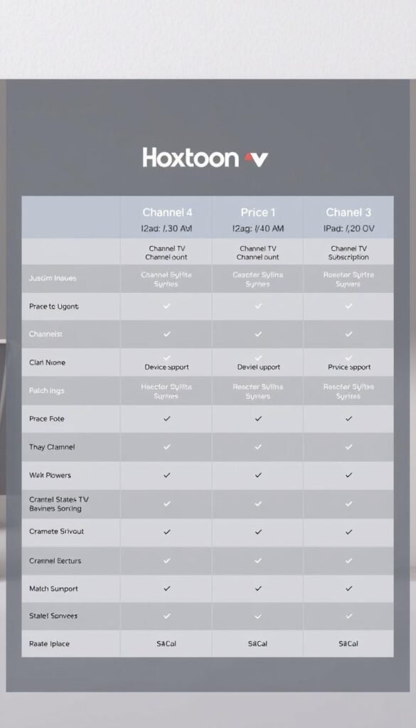 A clean, well-organized comparison table showcasing Hoxtoon Provider's IPTV subscription plans. The table is displayed against a soft, muted background, perhaps a subtle texture or gradient. Each plan is presented with clear, concise details such as channel count, device support, pricing, and any special features. The Hoxtoon Provider logo is prominently displayed, adding a sense of branding and professionalism. The overall aesthetic is modern, minimalist, and easy to comprehend, allowing the viewer to quickly grasp the key differences between the available plans.