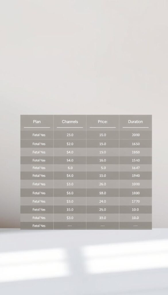 A clean, well-organized table displaying the Hoxtoon Provider's IPTV pricing plans in a minimalist, elegant design. The table is set against a soft, blurred background, creating a sense of focus on the pricing information. The table features four clear columns: Plan Name, Channels, Price, and Duration, with each row showcasing a different IPTV subscription option. The plans are arranged from most basic to most comprehensive, allowing the viewer to easily compare and contrast the offerings. The overall tone is professional, informative, and visually appealing, reflecting the high-quality service of the Hoxtoon Provider brand.