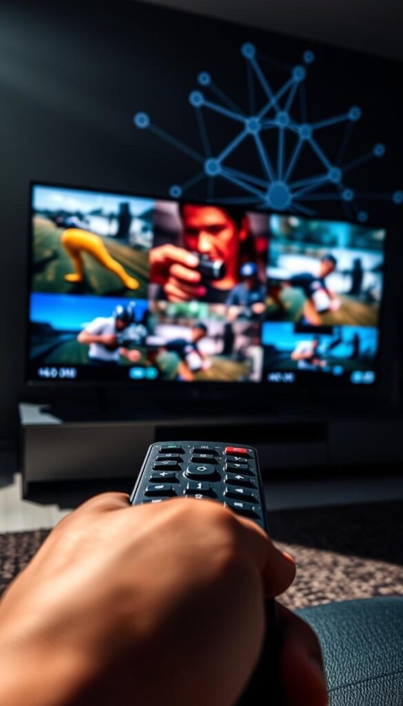 A close-up comparison of IPTV streaming quality showcasing multiple video feeds from the Hoxtoon Provider service. The scene features a sleek, modern entertainment system displaying crisp, high-definition footage with vibrant colors and deep blacks. Dramatic lighting casts long shadows, creating a cinematic atmosphere. In the foreground, a sophisticated remote control commands the display, while in the background, a sophisticated network topology suggests the powerful infrastructure powering the Hoxtoon IPTV experience. The overall impression is one of cutting-edge technology, reliable performance, and an immersive, theater-like viewing experience.