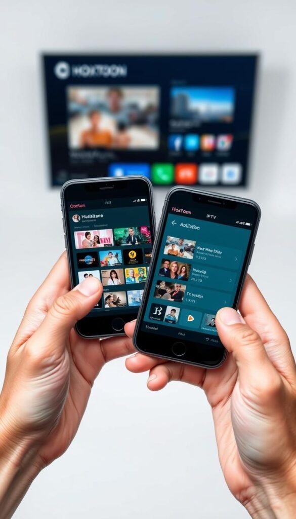 A close-up comparison of the Hoxtoon Provider IPTV service displayed on two iPhone screens, showcasing its user interface, channel selection, and streaming capabilities. The iPhones are held in a stylized, well-lit arrangement, with a minimalist background that highlights the devices and the IPTV service. The scene conveys a sense of professionalism and technological sophistication, allowing the viewer to easily assess the key features and benefits of the Hoxtoon Provider IPTV for iPhone.