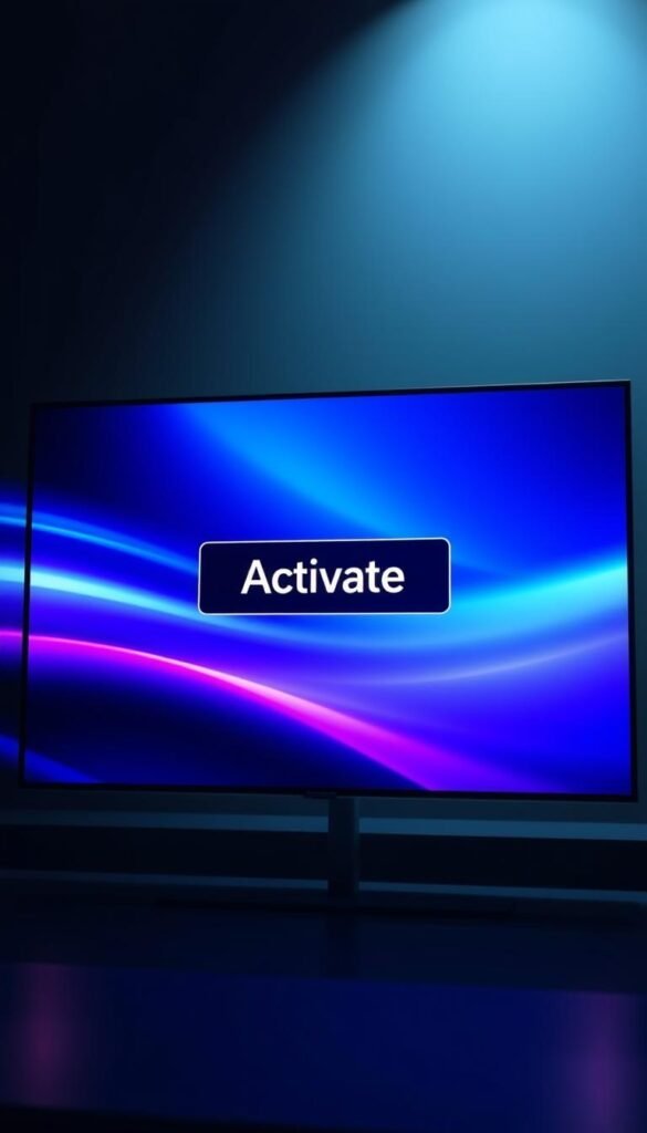 A close-up, high-resolution, photorealistic image of the Hoxtoon Provider lifetime Arabic IPTV activation screen. The screen displays a sleek, modern user interface with a prominent "Activate" button in the center. The background is a gradient of blues and purples, creating a professional and premium aesthetic. The layout is clean and uncluttered, drawing the viewer's attention to the activation process. Subtle lighting from the sides casts a soft, warm glow on the screen, enhancing the sense of quality and attention to detail. The overall impression is one of a seamless, user-friendly IPTV activation experience.
