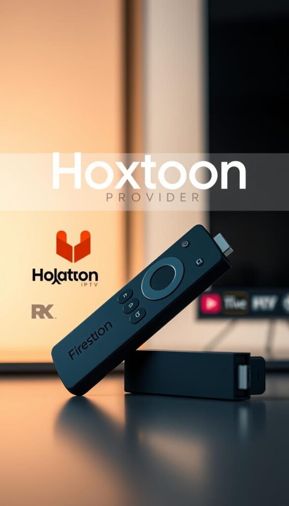 A close-up shot of a Firestick 4K device against a sleek, modern backdrop. The Firestick is prominently displayed, showcasing its clean, minimalist design. Surrounding the device are subtle visual cues hinting at the IPTV service, such as a stylized "Hoxtoon Provider" logo and stylized icons representing various streaming content. The lighting is soft and diffused, creating a warm, inviting atmosphere. The overall composition is balanced and visually appealing, drawing the viewer's attention to the Firestick and the Hoxtoon IPTV service it represents.
