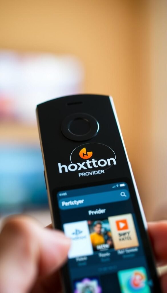 A close-up shot of a Firestick remote control, showcasing the Perfect Player app interface. The screen displays the Hoxtoon Provider logo prominently, with a sleek and intuitive menu layout. The remote is held in a hand, surrounded by a warm, soft-focus background that suggests a cozy living room setting. The lighting is natural and diffused, creating a pleasant, inviting atmosphere. The image conveys the ease and simplicity of using Perfect Player to access a comprehensive IPTV service on the Firestick.