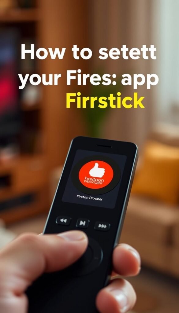 A close-up shot of a Firestick remote control, with the Hoxtoon Provider app icon prominently displayed on the screen. The remote is held in a hand against a blurred, warm-toned background, suggesting a cozy, living room setting. The image conveys a sense of ease and simplicity in setting up the Hoxtoon app on a Firestick device. The lighting is soft and natural, highlighting the details of the remote and creating a visually appealing, high-quality image.