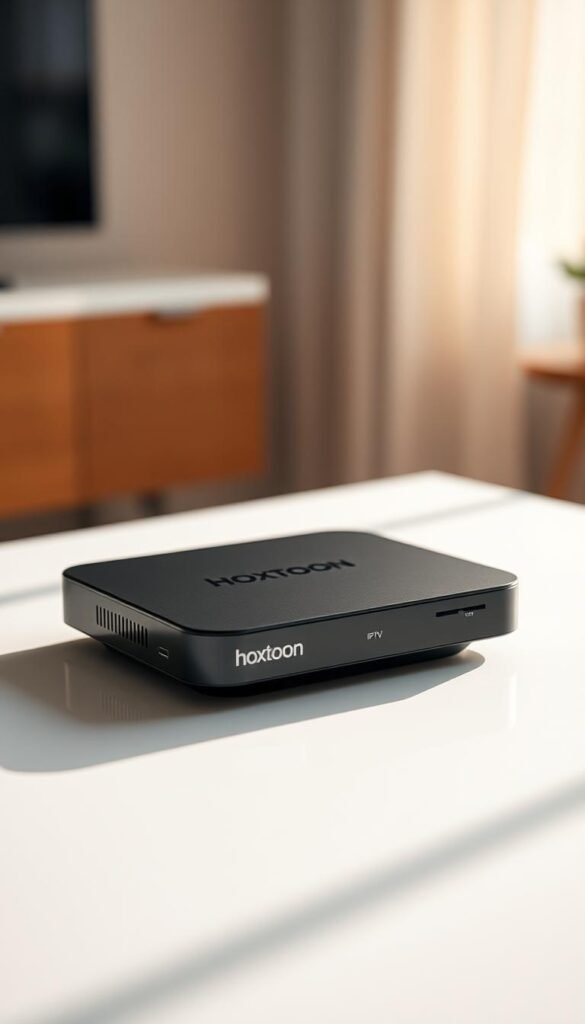 A close-up shot of a Hoxtoon IPTV device on a minimalist, white table. The device is sleek and modern, with a simple and elegant design. The device is highlighted by warm, natural lighting from the side, casting subtle shadows and highlighting its contours. The background is blurred, creating a sense of focus on the device. The overall mood is one of simplicity, sophistication, and technological prowess, reflecting the Hoxtoon Provider brand.