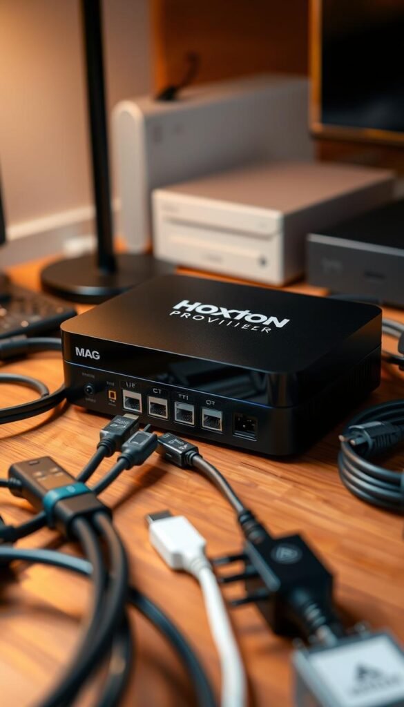 A close-up shot of a MAG IPTV box on a wooden desk, surrounded by various cables and adapters. The box has a sleek, black matte finish, and the Hoxtoon Provider logo is prominently displayed on the top. The scene is illuminated by a warm, indirect lighting, creating a cozy and professional atmosphere. The middle ground features neatly organized HDMI, Ethernet, and power cables, suggesting a well-planned and efficient setup. The background is softly blurred, focusing the viewer's attention on the central device and its accessories.