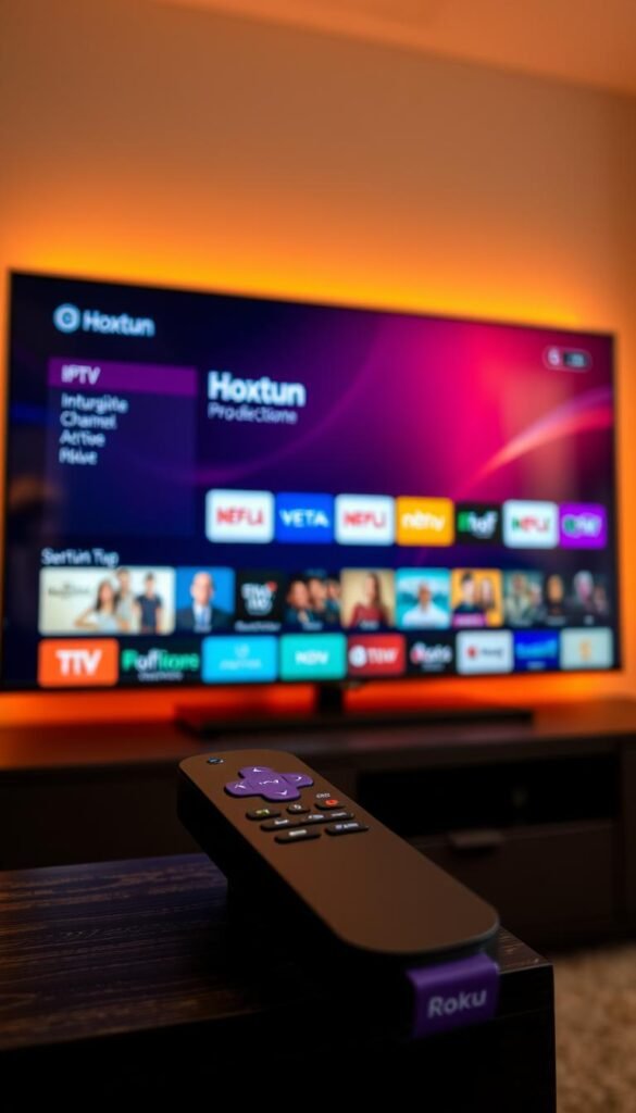 A close-up shot of a Roku remote control, illuminated by warm ambient lighting, resting on a sleek, dark-colored media console. In the background, a large, high-definition television screen displays the vibrant, intuitive Hoxtoon Provider IPTV interface, showcasing its extensive channel selection and user-friendly features. The image conveys a sense of modern, high-quality home entertainment, highlighting the seamless integration of the Roku device and the Hoxtoon Provider IPTV service for an exceptional viewing experience.