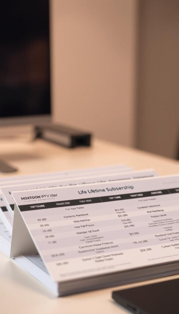 A close-up shot of a desk displaying neatly arranged IPTV subscription plans from the Hoxtoon Provider, showcasing their lifetime membership options. The plans are presented on clean, minimalist cards with clear pricing details and feature descriptions. The desk is well-lit, with a soft, warm lighting that creates a professional and trustworthy atmosphere. The background is blurred, keeping the focus on the subscription plan information. The overall composition is balanced and visually appealing, conveying the comprehensive and transparent nature of Hoxtoon's lifetime IPTV pricing structure.