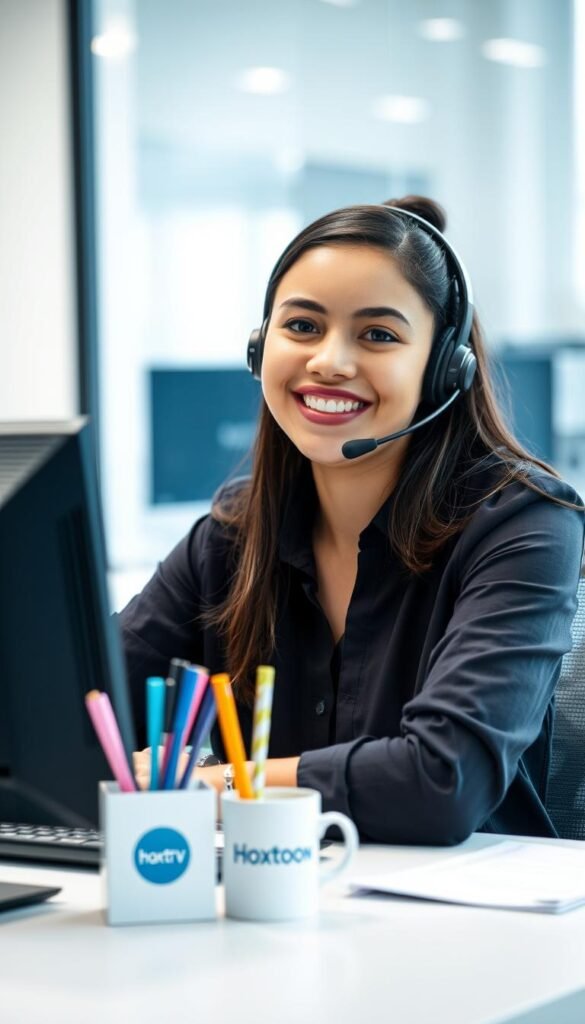 A close-up shot of a friendly Hoxtoon IPTV customer support agent sitting at a desk, wearing a professional headset and smiling warmly. The agent's workspace is organized, with a computer monitor, keyboard, and some stylized Hoxtoon-branded office supplies. The background is softly blurred, suggesting a modern, well-lit office environment. The lighting is balanced, creating a welcoming and approachable atmosphere. The camera angle is slightly elevated, conveying a sense of professionalism and competence.