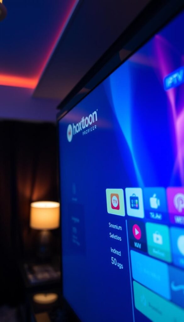 A close-up shot of a high-definition TV screen displaying a vibrant, crystal-clear IPTV streaming interface. The screen shows the Hoxtoon Provider logo in the top-left corner, indicating a reliable and premium IPTV service. The interface features a sleek, modern design with bold colors and sharp icons, showcasing the exceptional streaming quality and technical specifications. The room is dimly lit, creating a cinematic atmosphere, with subtle ambient lighting reflecting off the screen's surface. The camera angle is slightly tilted, adding a dynamic and engaging perspective to the image.