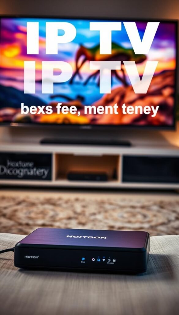 A close-up shot of a high-quality IPTV streaming experience, showcasing a vibrant, crisp display with vivid colors and smooth playback. The scene depicts a living room setting, with a large, modern television screen in the foreground, displaying a nature documentary. Soft, directional lighting illuminates the screen, creating a warm, cinematic atmosphere. In the middle ground, a Hoxtoon Provider device is neatly arranged, connected to the television via HDMI. The background features a cozy, minimalist room decor, with subtle hints of technology integration. The overall impression conveys a seamless, immersive streaming experience that exceeds expectations.