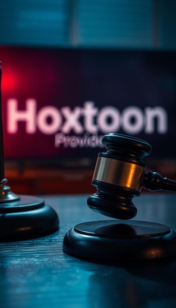 A close-up shot of a judge's gavel resting on a dark wooden desk, casting dramatic shadows. In the background, a blurred representation of the Hoxtoon Provider logo, symbolizing the legal ambiguity surrounding IPTV services. The scene conveys a sense of cautious contemplation, as if the judge is carefully weighing the legality of these streaming platforms. The lighting is moody and cinematic, with a focus on the gavel as the central point of interest.