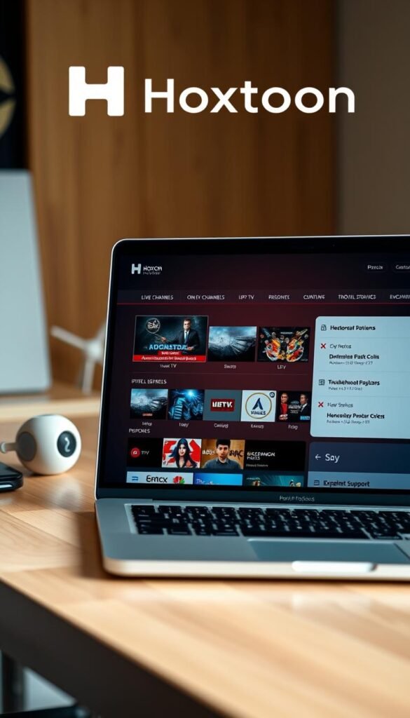 A close-up shot of a laptop screen displaying an IPTV streaming service interface, with the Hoxtoon Provider logo prominently featured in the top-left corner. The interface showcases a selection of live TV channels, on-demand content, and troubleshooting options. The screen is well-lit, with a soft, warm lighting that creates a welcoming and user-friendly atmosphere. The laptop is positioned on a minimalist, wooden desk, with a few subtle office accessories in the background, hinting at a professional setting. The overall scene conveys a sense of reliability, ease of use, and the expert support provided by the Hoxtoon Provider IPTV service.