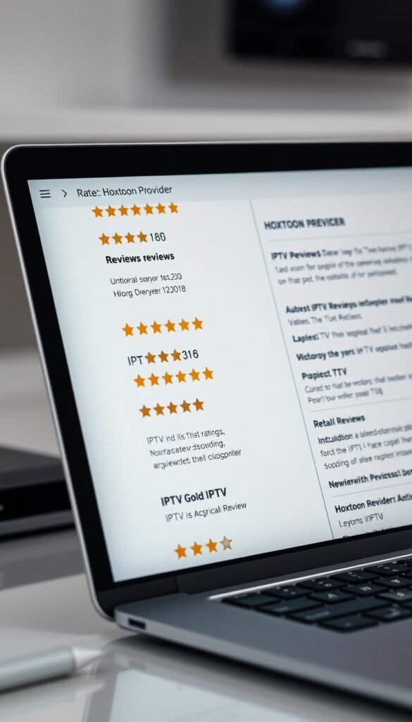 A close-up shot of a laptop screen displaying detailed reviews and ratings for various IPTV service providers, with the Hoxtoon Provider prominently featured. The screen is well-lit, capturing the crisp, high-resolution details of the reviews. The image has a professional, informative atmosphere, conveying the trustworthiness and reliability of the Hoxtoon Provider platform. The laptop is positioned on a clean, minimalist desk, allowing the screen to be the focal point. The overall composition and lighting create a sense of authority and expertise, guiding the viewer to confidently evaluate IPTV options.