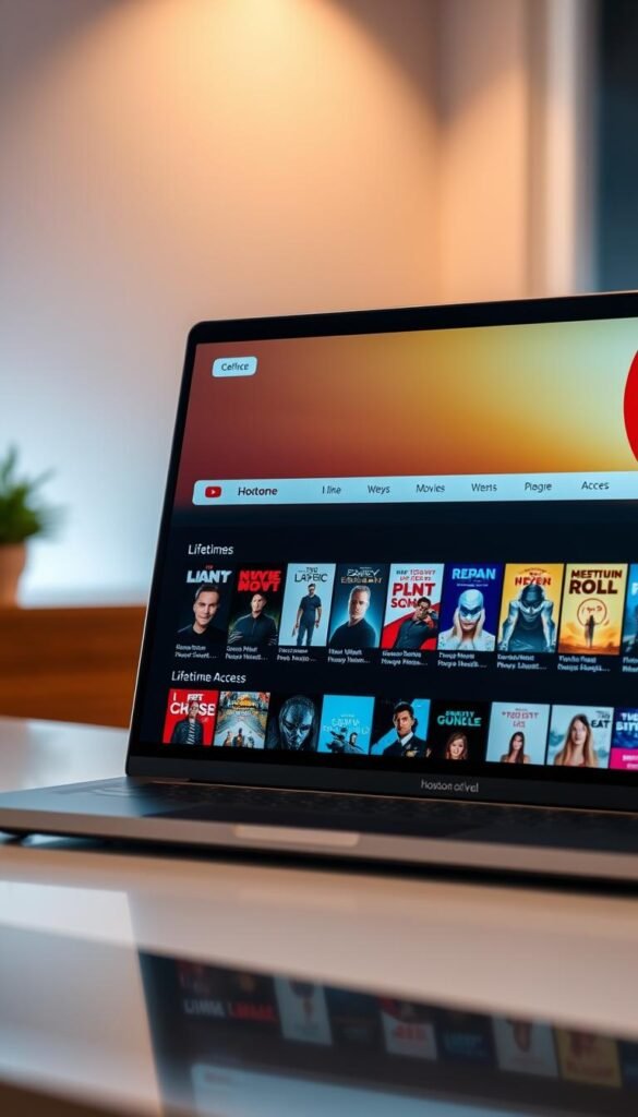 A close-up shot of a laptop screen displaying the Hoxtoon Provider IPTV service interface, showcasing a wide selection of Lifetime movies available for lifetime access. The screen is well-lit, with a warm, inviting tone that conveys the comfort and convenience of streaming high-quality content at home. The laptop is positioned on a sleek, modern desk, adding to the professional and polished atmosphere. The overall scene emphasizes the ease and reliability of the Hoxtoon Provider IPTV solution for accessing a vast library of Lifetime movies.