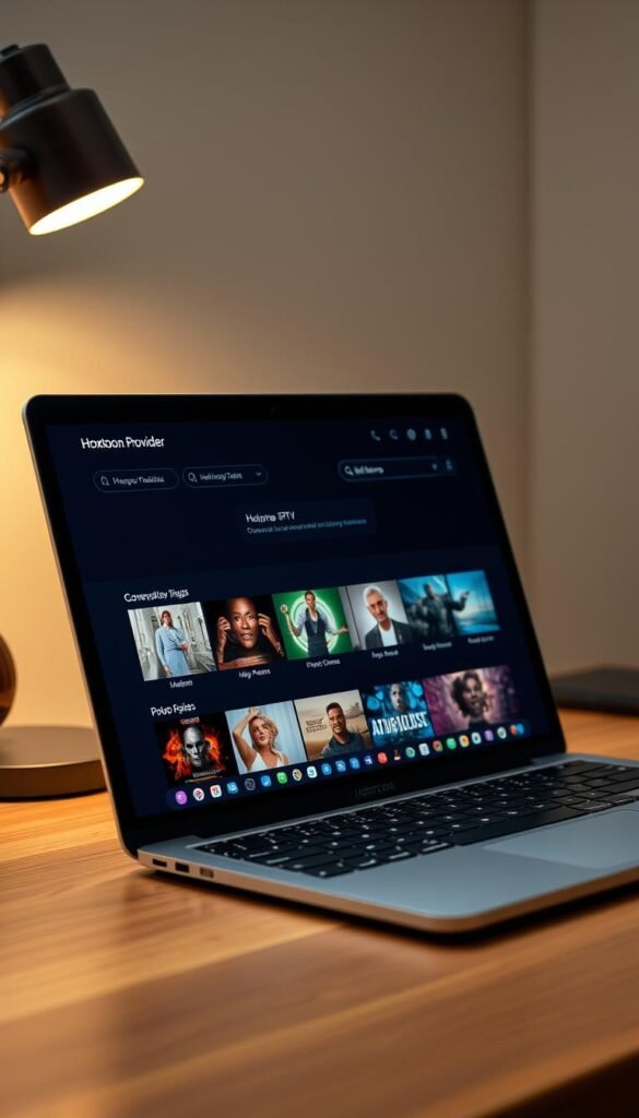 A close-up shot of a laptop screen displaying the Hoxtoon Provider lifetime IPTV subscription interface. The screen is clean and minimalist, with a sleek dark theme and vibrant, high-definition video thumbnails. The laptop rests on a wooden desk, with a stylish desk lamp providing warm, directional lighting. The background is slightly blurred, creating a sense of depth and focus on the laptop. The overall mood is one of quality, value, and the convenience of a lifetime IPTV investment.