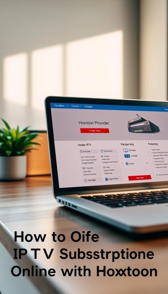 A close-up shot of a laptop screen displaying the Hoxtoon Provider website, showcasing the process of ordering an IPTV subscription. The screen depicts a clean, modern interface with a prominent "Order Now" button and various package options. The laptop is placed on a wooden desk, with a neutral-toned background that creates a sense of professionalism and focus. Soft, natural lighting from a nearby window illuminates the scene, creating a warm and inviting atmosphere. The composition emphasizes the simplicity and convenience of the online ordering process, reflecting the section title "How to Order IPTV Subscription Online with Hoxtoon".