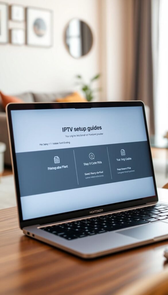 A close-up shot of a modern IPTV setup guide for the Hoxtoon Provider, displayed on a sleek, minimalist laptop screen. The guide's interface features a clean, user-friendly design with intuitive icons and step-by-step instructions. The screen is bathed in a soft, warm lighting, creating a cozy and inviting atmosphere. In the background, a blurred, stylish living room setting with contemporary furniture and decor elements adds depth and context to the scene. The overall composition conveys a sense of simplicity, efficiency, and seamless integration of technology into a comfortable, everyday environment.