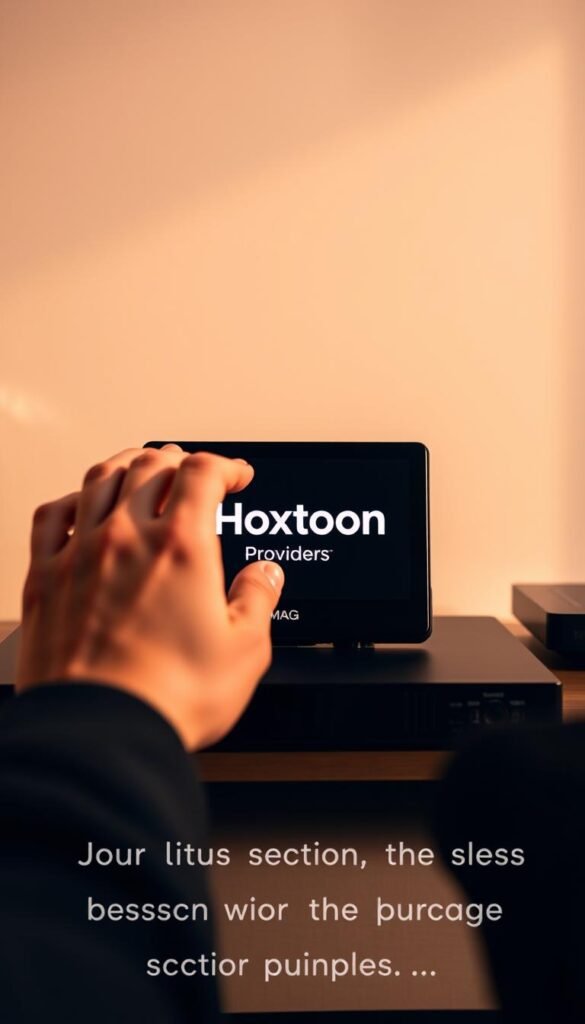 A close-up shot of a person's hands interacting with a MAG-branded set-top box, showcasing the process of purchasing and activating a Hoxtoon IPTV subscription. The scene is set against a clean, minimalist backdrop, with warm, directional lighting casting subtle shadows to highlight the details. The hands are delicately navigating the device's interface, conveying a sense of focus and intentionality. The Hoxtoon Provider logo is prominently displayed on the device's screen, clearly indicating the IPTV service being accessed. The overall atmosphere is one of professionalism and user-friendliness, reflecting the step-by-step guidance provided in the article's section.