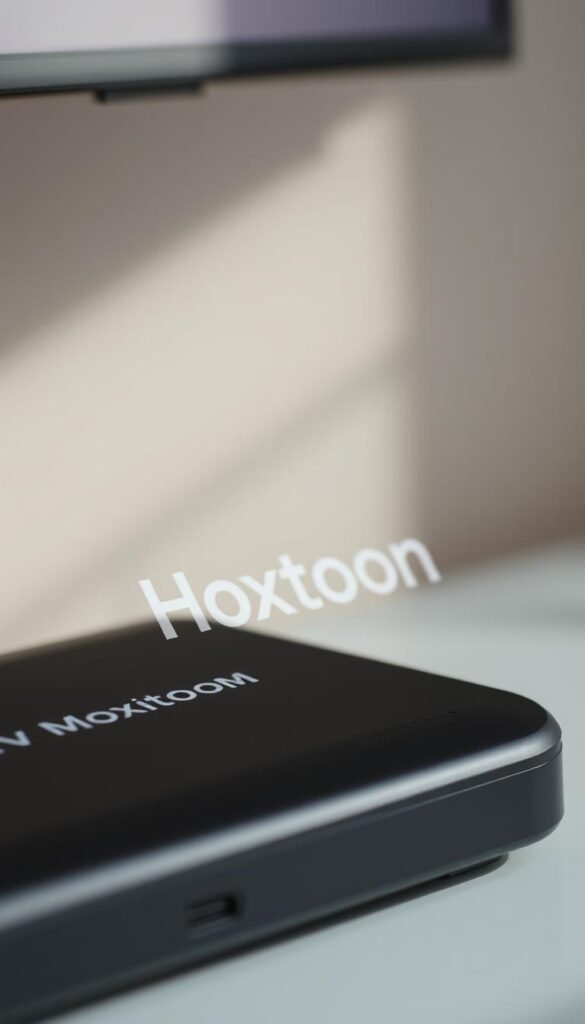 A close-up shot of a reliable IPTV service provider's logo, the "Hoxtoon Provider" brand, displayed prominently on a sleek, minimalist device against a soft, blurred background. The device features a modern, rectangular design with clean lines and a matte finish, suggesting high quality and attention to detail. The lighting is slightly directional, creating subtle shadows that add depth and dimension to the image. The overall mood is professional, trustworthy, and visually appealing, conveying the idea of a dependable IPTV solution.