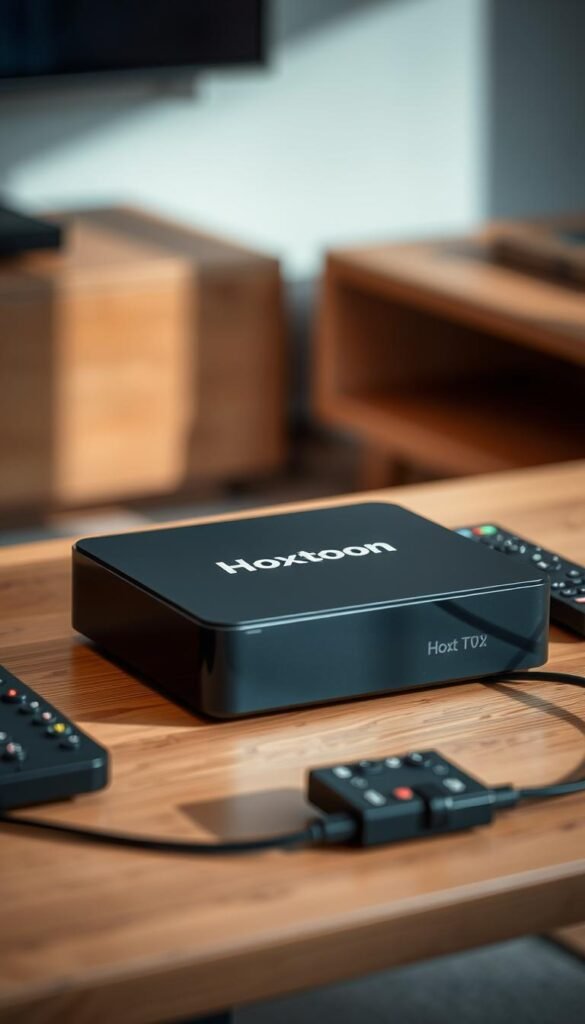 A close-up shot of a sleek, black IPTV box with the Hoxtoon Provider logo prominently displayed on the front panel. The box is sitting on a modern, minimalist wooden table, surrounded by a few remote controls and cables. Soft, directional lighting from the side creates subtle shadows, highlighting the clean lines and premium build quality of the device. The background is blurred, with a subtle gradient that suggests a cozy, home entertainment setup. The overall mood is one of sophisticated simplicity, hinting at the high-quality streaming experience the Hoxtoon IPTV box can provide.