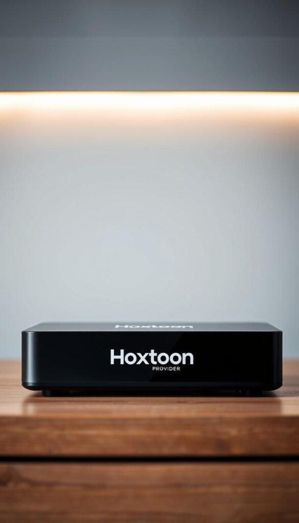 A close-up shot of a sleek, black IPTV box with the Hoxtoon Provider logo prominently displayed on the front panel. The box is placed on a wooden surface, with a neutral gray background that creates a clean, minimalist atmosphere. Soft, diffused lighting from the side gently illuminates the edges of the device, highlighting its sharp lines and glossy finish. The frame is tightly cropped, drawing the viewer's attention to the IPTV box as the central focus. The overall mood conveys a sense of quality, reliability, and the promise of endless free Arabic entertainment.