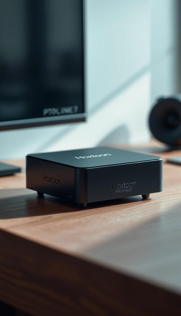 A close-up shot of a sleek, compact IPTV box called the Hoxtoon Provider, sitting on a modern, minimalist wooden desk. The box has a matte black finish with clean lines and a subtle Hoxtoon logo on the front. Soft, directional lighting illuminates the device, casting subtle shadows and highlights that accentuate its minimalist design. The background is blurred, creating a sense of depth and focus on the IPTV box. The overall mood is one of simplicity, practicality, and affordable elegance.