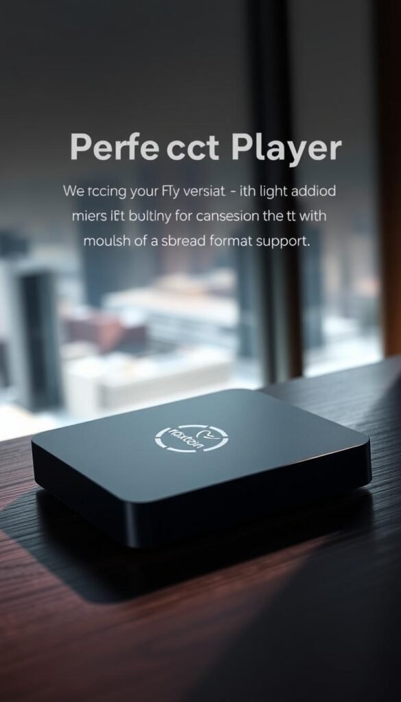 A close-up shot of a sleek, minimalist Android TV box with the Hoxtoon Provider logo prominently displayed on its matte black exterior. The device rests on a dark wooden surface, casting subtle shadows. The lighting is soft and diffused, creating a warm, inviting atmosphere. The focus is sharp, emphasizing the clean lines and premium build quality of the hardware. In the background, a blurred cityscape is visible through a large window, suggesting a modern, sophisticated setting. The overall impression conveys the "Perfect Player" as a lightweight, versatile, and visually appealing solution for IPTV streaming with broad format support.