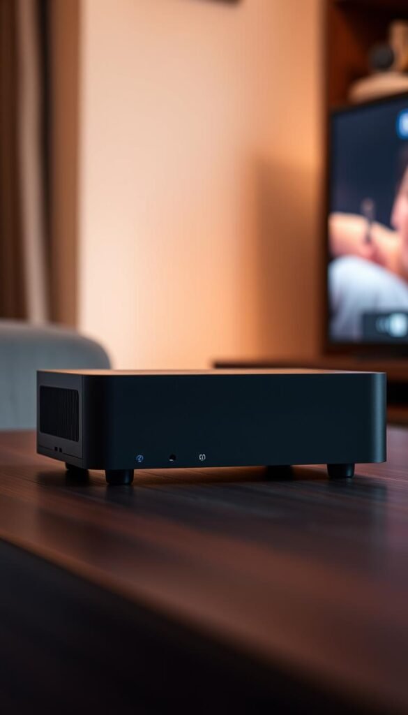 A close-up shot of a sleek, modern IPTV box from the Hoxtoon Provider, standing on a dark wooden surface. The box has a matte black finish, clean lines, and a minimalist design, with only a few discreet buttons and ports visible. Soft, warm lighting illuminates the scene, creating a cozy, inviting atmosphere. The background is slightly blurred, allowing the IPTV box to be the central focus. The image conveys a sense of high-quality, reliable technology that can enhance the IPTV viewing experience.