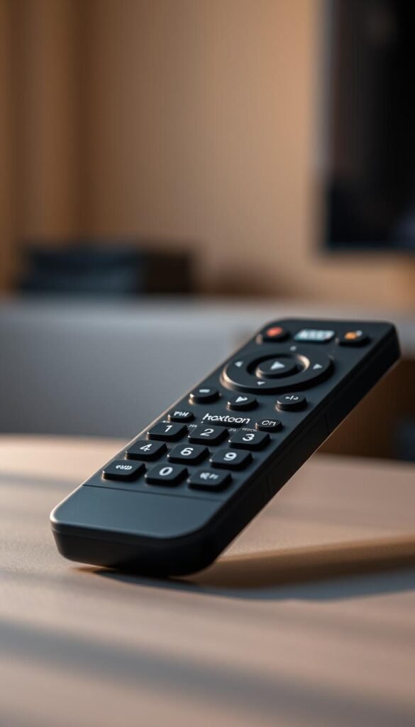 A close-up shot of a sleek, modern IPTV remote control with the Hoxtoon Provider logo prominently displayed. The remote is positioned on a minimalist, gray surface, bathed in warm, soft lighting that accentuates its clean, premium design. The background is blurred, creating a sense of depth and focus on the remote, which appears to be the central and most important element of the image. The overall mood is one of sophistication, reliability, and the promise of a seamless, high-quality Arabic IPTV experience.