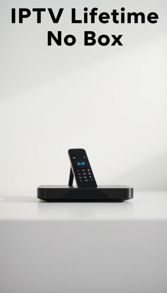 A close-up shot of a sleek, modern streaming device against a minimalist, light-colored background. The device features the Hoxtoon Provider logo prominently displayed, signifying a lifetime IPTV subscription without the need for a physical set-top box. The scene conveys a sense of simplicity, convenience, and seamless digital entertainment, capturing the essence of the "IPTV Lifetime No Box" concept.