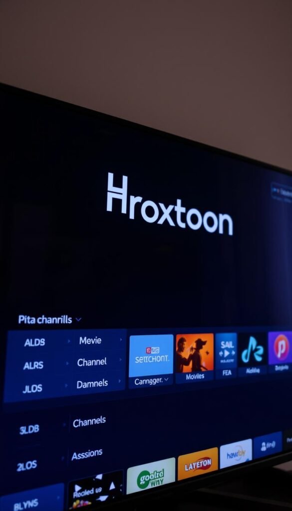 A close-up shot of a smart TV screen displaying a clean and well-organized IPTV playlist interface. The background is a sleek, dark-themed minimalist design, creating a modern and sophisticated atmosphere. The foreground showcases the Hoxtoon Provider logo prominently, conveying the brand identity. The playlist is neatly arranged, with clear category labels and intuitive navigation, making it easy to browse and select desired channels. The lighting is soft and diffused, creating a warm and inviting ambiance, and the camera angle is slightly angled to provide a dynamic and engaging perspective.