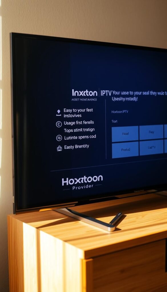 A close-up shot of a smart TV screen displaying the Hoxtoon IPTV setup interface. The TV is situated on a wooden entertainment center, with a sleek and modern design. The screen shows clear instructions and intuitive menus, guiding the user through the easy installation process. Warm, natural lighting illuminates the scene, creating a welcoming and user-friendly atmosphere. The Hoxtoon Provider logo is prominently displayed, indicating the IPTV service being used. The overall composition emphasizes the simplicity and convenience of setting up Hoxtoon IPTV on a smart TV.