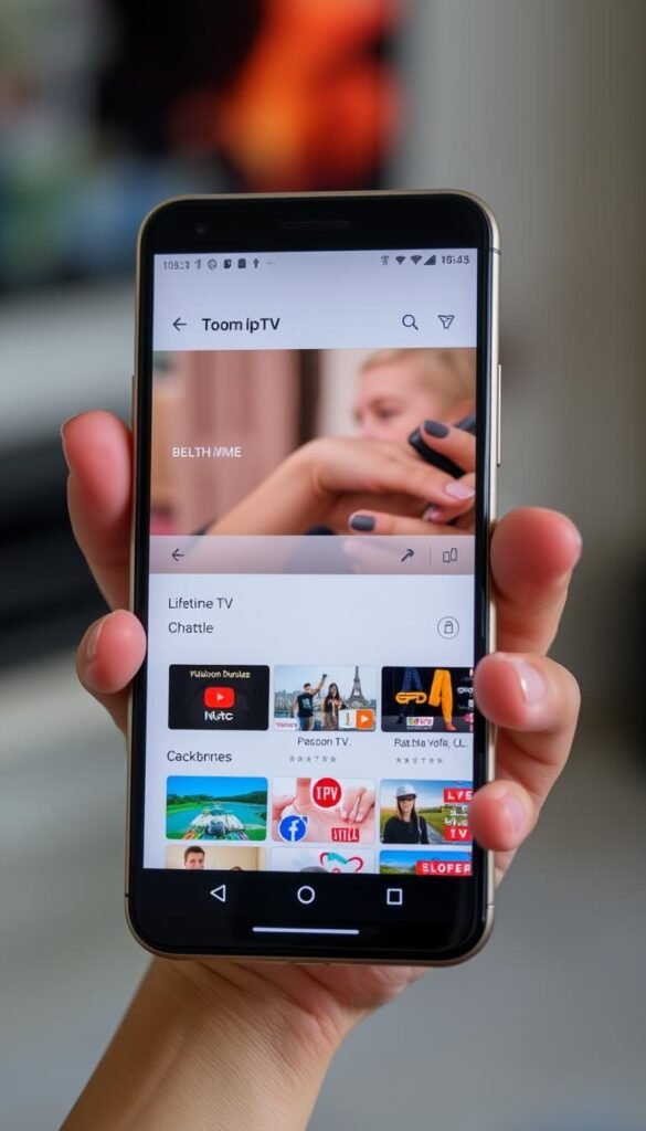 A close-up shot of a smartphone screen displaying the Hoxtoon Provider's IPTV service interface, showcasing a clean and intuitive user experience. The screen is well-lit, with a soft, warm glow illuminating the various menu options and live TV channels. The device is held in a natural, hand-held position, emphasizing the ease of use and accessibility of the lifetime IPTV subscription. The background is slightly blurred, creating a sense of focus on the on-screen content. The overall mood is one of simplicity, reliability, and the convenience of a hassle-free IPTV experience.