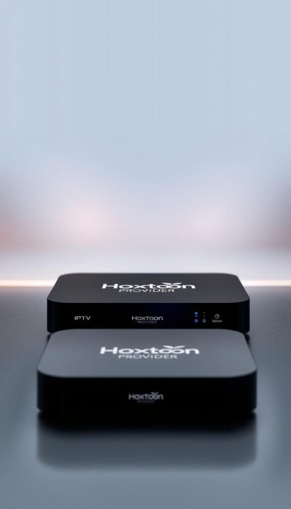 A close-up shot of a stylish IPTV box with the "Hoxtoon Provider" logo prominently displayed on the front panel. The box is set against a sleek, minimalist background with subtle gradients and elegant lighting, creating a premium and trustworthy visual aesthetic. The scene conveys a sense of quality, reliability, and a lifetime subscription offering, aligning with the subject of the article's section.