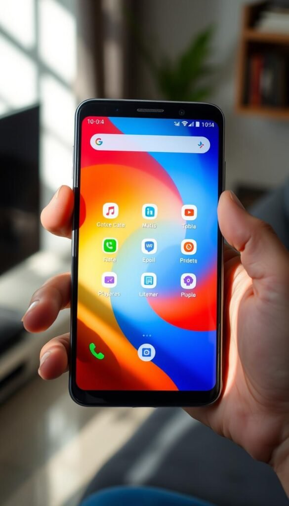 A close-up shot of a stylish and modern android smartphone displaying the Hoxtoon Provider IPTV lifetime APK app interface. The screen showcases a sleek and intuitive design with a vibrant color palette, crisp icons, and a simple layout highlighting the app's key features. The phone is held in a well-lit setting, possibly a home or office environment, casting subtle shadows that create depth and dimension. The overall impression conveys a sense of reliability, accessibility, and the convenience of Hoxtoon's IPTV lifetime service.