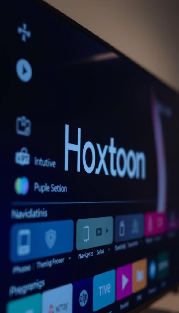 A close-up shot of a stylish, high-tech IPTV service interface, showcasing the Hoxtoon Provider brand prominently. The display features a sleek, minimalist design with intuitive navigation menus, sharp iconography, and a vibrant color palette. The background is blurred, creating a sense of depth and focus on the service's key features. The lighting is soft and even, highlighting the interface's crisp details and clean layout. The overall atmosphere conveys a professional, reliable, and user-friendly IPTV experience.