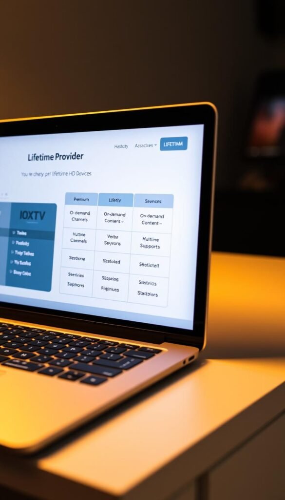 A close-up shot of a stylish laptop display showcasing the "Hoxtoon Provider" IPTV subscription plans. The screen depicts a sleek, minimalist user interface with clearly labeled lifetime plan options, including premium HD channels, on-demand content, and multi-device support. The layout is organized and visually appealing, with bold typography and a soothing color palette. The scene is illuminated by warm, diffused lighting, creating a professional and trustworthy atmosphere. The laptop is positioned on a clean, uncluttered desk, hinting at the simplicity and convenience of the IPTV service.