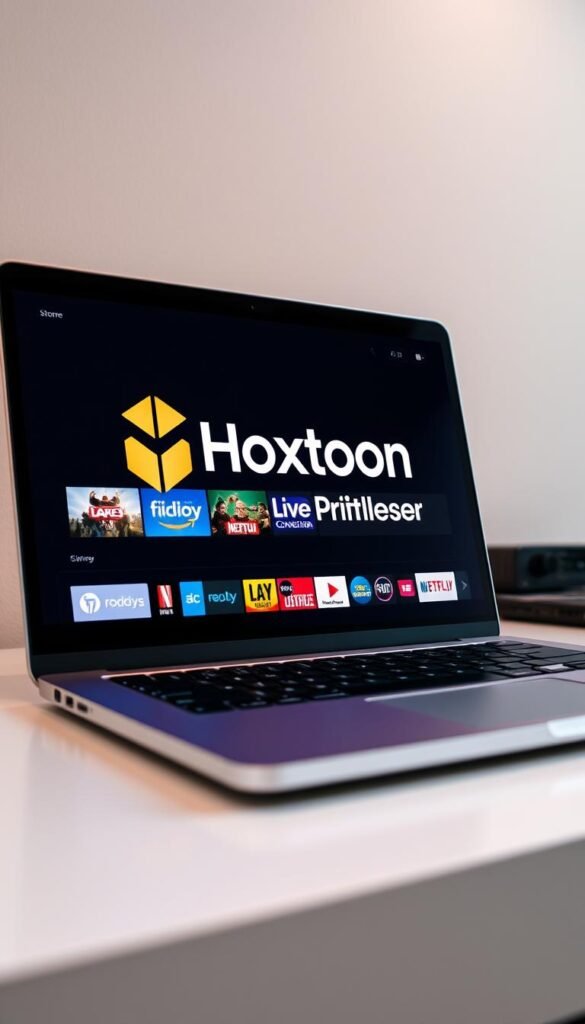 A close-up shot of a stylish laptop or desktop computer displaying the "Hoxtoon Provider" logo, representing a lifetime IPTV subscription service. The screen is illuminated with a vibrant, high-definition interface showcasing a variety of live TV channels and on-demand content. The device is placed on a clean, minimalist desk with a sleek, modern design. Soft, diffused lighting from above creates a warm, inviting atmosphere, highlighting the premium quality and reliability of the Hoxtoon Provider IPTV service.