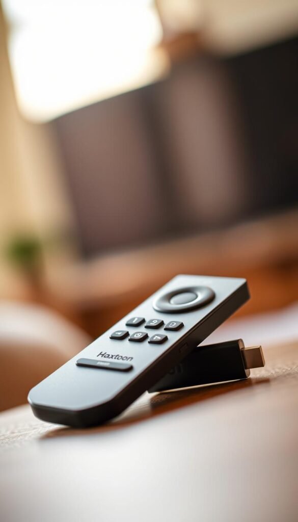 A close-up shot of a stylish, minimalist IPTV remote control against a blurred background. The remote is sleek, modern, and prominently features the "Hoxtoon Provider" branding. The lighting is warm and natural, creating a cozy, inviting atmosphere. The composition places the remote in the center, with a subtle depth of field that draws the viewer's attention to the key details. The image conveys a sense of high-quality, reliable IPTV service that seamlessly integrates with the Firestick ecosystem.