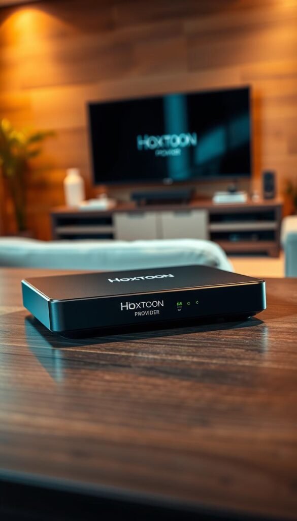 A close-up shot of a stylish, minimalist IPTV set-top box on a dark wooden table, casting warm, directional lighting. The device's sleek, modern design prominently displays the "Hoxtoon Provider" logo. In the background, a blurred view of a cozy living room with a large, high-definition TV screen. The overall atmosphere conveys a sense of premium quality, reliable home entertainment.