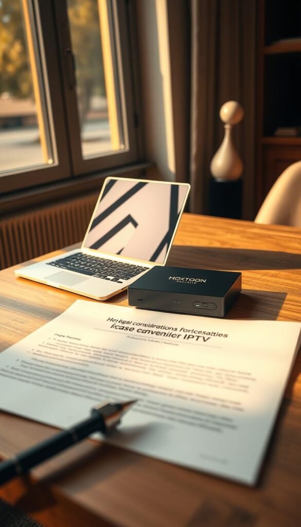 A close-up shot of a stylish, minimalist office workspace with a laptop, a legal document, and a Hoxtoon Provider IPTV box on a wooden desk. The workspace is bathed in warm, natural lighting from a large window, creating a cozy and professional atmosphere. The legal document showcases the key legal considerations for IPTV services in the United States, such as licensing, content rights, and regulatory compliance. The Hoxtoon Provider IPTV box is prominently displayed, hinting at the subject of the article. The composition emphasizes the balance between technology, legality, and a sophisticated work environment.