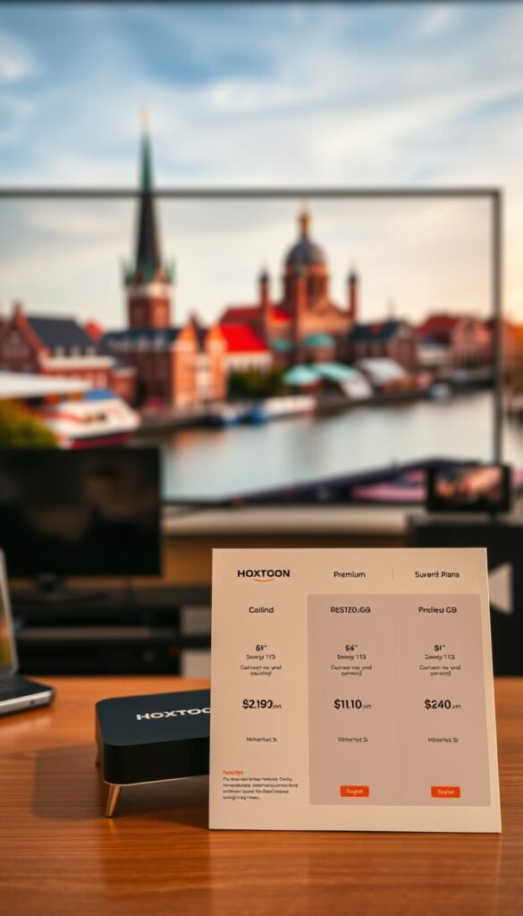 A close-up shot of a stylish, modern IPTV subscription package from the Hoxtoon Provider. The foreground displays the sleek Hoxtoon logo and a bold, minimalist pricing table showcasing their premium plans. In the middle ground, various streaming devices like smart TVs, set-top boxes, and mobile devices are arranged, highlighting the compatibility and versatility of the Hoxtoon IPTV service. The background features a blurred cityscape of the Netherlands, conveying a sense of urban sophistication and the local appeal of this leading IPTV offering. The lighting is warm and inviting, creating an atmosphere of premium quality and reliable entertainment.