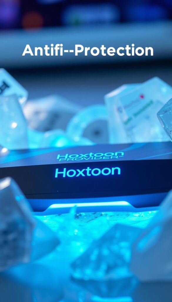 A close-up shot of a stylized IPTV device with a sleek, metallic design and glowing blue accents, prominently displaying the "Hoxtoon Provider" brand name. The device is surrounded by a crystalline, ice-like structure, symbolizing its advanced anti-freeze protection system. The scene is illuminated by a soft, diffused lighting, creating a sense of futuristic elegance. The background is blurred, drawing the viewer's focus to the central device and its unique, frost-resistant features.