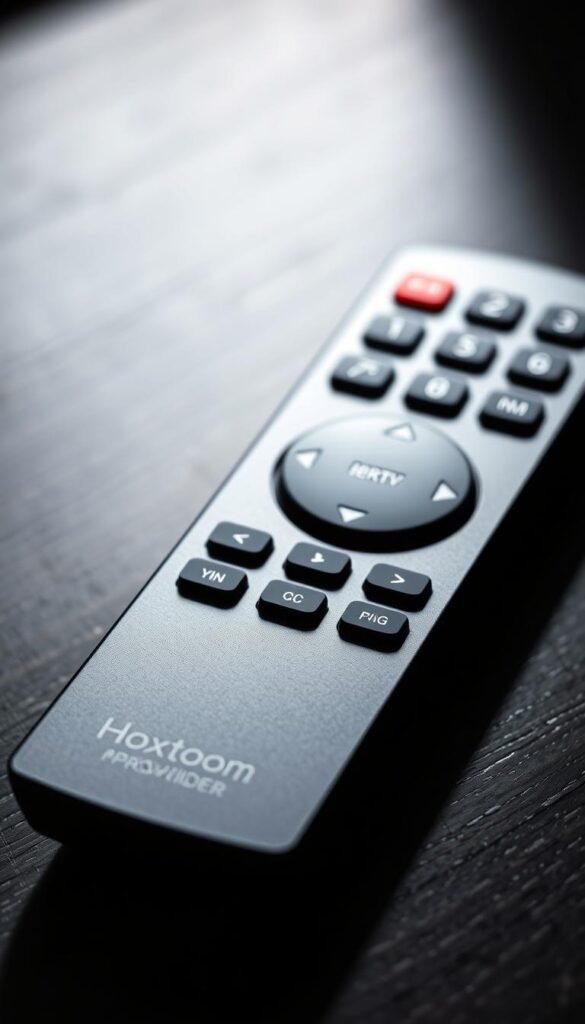 A close-up shot of a stylized IPTV remote control on a dark wooden surface, showcasing the Hoxtoon Provider brand logo prominently displayed. The remote features a minimalist design with sleek, angular lines and a matte finish. Soft, dramatic lighting casts shadows, creating a sense of depth and emphasizing the premium, high-quality appearance of the device. The background is intentionally blurred, keeping the focus on the remote and the Hoxtoon Provider branding.