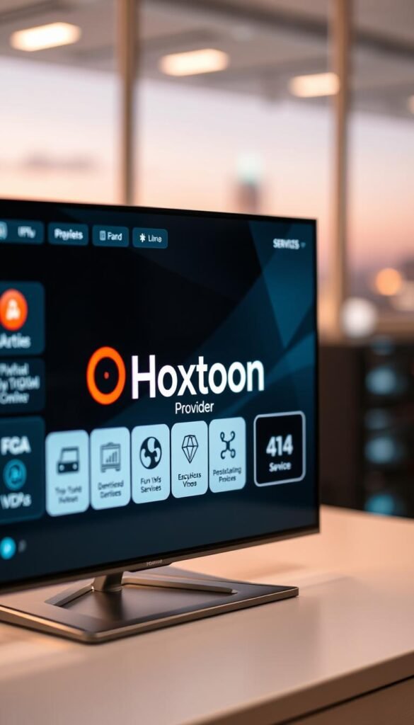 A close-up shot of a stylized digital display showcasing the "Hoxtoon Provider" brand name prominently in the center, surrounded by a sleek, minimalist interface with various service options and logos. The screen is illuminated by a soft, warm lighting that creates a modern, high-tech atmosphere. The background is blurred, with subtle hints of a city skyline or server infrastructure, conveying the concept of a top IPTV service provider. The overall composition and design elements suggest a reliable, premium-quality service that caters to the needs of discerning users.