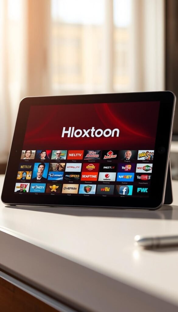 A close-up shot of a tablet display showcasing the Hoxtoon Provider IPTV lifetime subscription service. The screen prominently features the Hoxtoon logo and displays a grid of various live TV channel icons, hinting at the comprehensive content library available. The tablet is positioned on a sleek, minimalist desk, bathed in warm, natural lighting that creates a sense of professionalism and reliability. The background is slightly blurred, maintaining the focus on the tablet and the IPTV offering. The overall scene conveys the concept of an "always-on" entertainment experience, with the lifetime subscription providing a hassle-free, long-term solution.